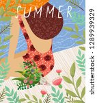 Hello summer! cute vector illustration of a woman in a bathing suit and hat on a pier in a frame of flowers and leaves, sea picture
 
