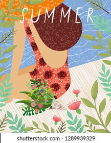 Hello summer! cute vector illustration of a woman in a bathing suit and hat on a pier in a frame of flowers and leaves, sea picture
 
