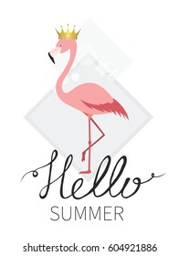Hello summer. Cute vector illustration with flamingo
