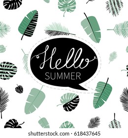 Hello summer. Cute vector illustration with lettering  in scandinavian style. Modern vector seamless pattern with  trendy geometric elements and tropical leaves.