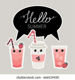 Hello summer. Cute vector illustration with drinks characters. Coffee Cup To Go. Ice cocktail, strawberry smoothie