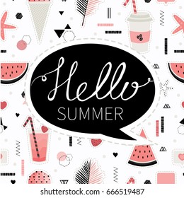Hello summer. Cute vector illustration with lettering  in scandinavian style. Seamless pattern with pink stickers. All elements are  hidden under mask. Pattern are not cropped and can be edited