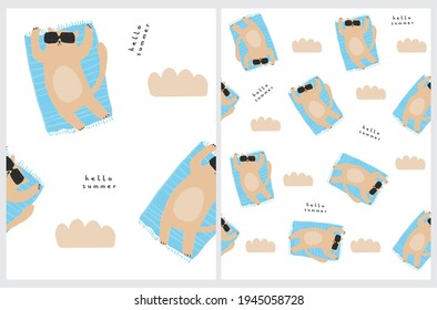 Hello Summer. Cute Vector Seamless Pattern with Cat Lying on a Blue Blanket on the Beach. Infantile Style Nursery Art with Funny Cat ideal for Fabric, Textile. Summer Time Print.