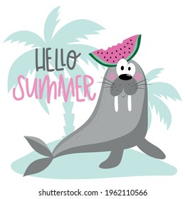 Hello Summer- Cute walrus with watermelon and island. Isloated on white background. Good for T shirt print, poster, card, travel set and other gift design.