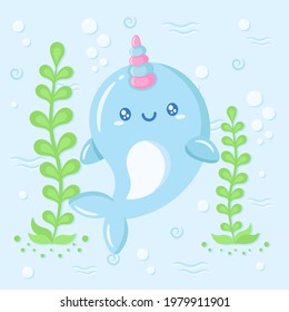 Hello Summer cute whale drawing under the water