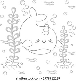 Hello Summer cute whale drawing under the water sketch for coloring