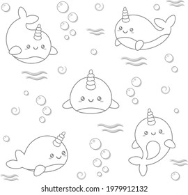 Hello Summer cute whale drawing under the water sketch for coloring