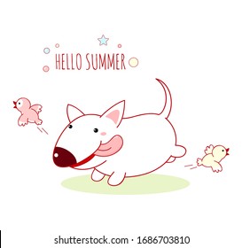 Hello summer. Cute white fat dog runs scaring birds. Bull terrier puppy in kawaii style. Isolated on white background. Vector EPS8 illustration