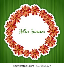 Hello Summer daisy floral frame with paper cut effect on bright green background. Banner with chamomile, gerberas. Vector template