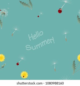 Hello Summer dandelion with ladybugs vector seamless pattern design. Surface pattern design. Great for summer vintage fabric, wallpaper, giftwrap, scrapbooking. Wildflowers on green blue background