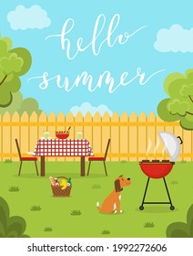 Hello summer. Summer day concept vertical banner. Lunch in the backyard. Barbecue in the garden. Outside dinner in a countryside house. Vector illustration with handwritten inscription. 