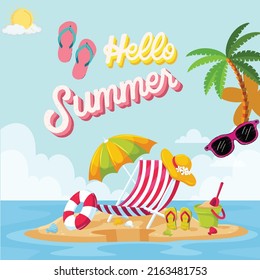 Hello Summer Day. Green, Pink, And Yellow Illustration Hello Summer Vintage Background.