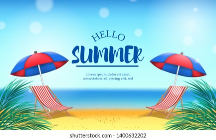 Hello Summer day travel holiday at beach tropical season landscape with double chair and umbrella vacation paradise