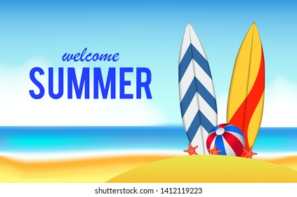 Hello Summer day travel holiday at beach tropical season landscape with illustration of surfboard, and starfish