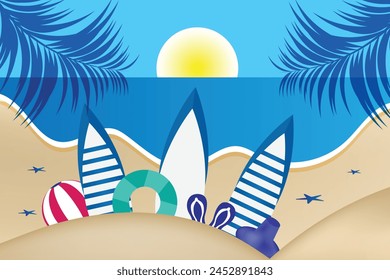 Hello Summer day travel holiday at beach tropical season landscape with illustration of surfboard, ball, slipper, and hat