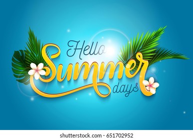 Hello Summer Days and Summer Camp poster. Traveling summer party poster or card.