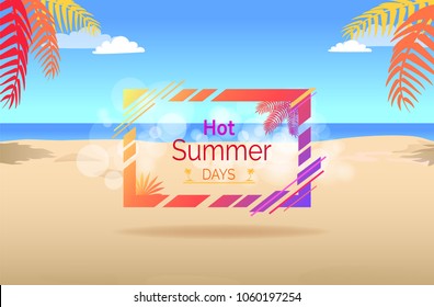 Hello summer days promotional poster with text on background of beach sand with colorful tropical leaves and blue sky with clouds