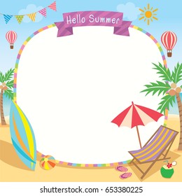 Hello summer decorated with surfboard umbrella and deck chair on beach background design with border frame for template.