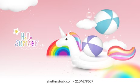Hello, summer decorated with unicorn inflatable pool, beach ball, rainbow, clouds on pink background. Vector illustration.