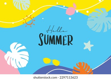 Hello summer with decoration on blue background.