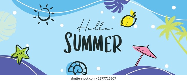 Hola verano con decoración de fondo azul.
