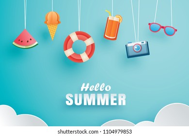 Hello summer with decoration origami hanging on the sky background. Paper art and craft style. Vector illustration of life ring, ice cream, camera, watermelon, sunglasses, orange juice.