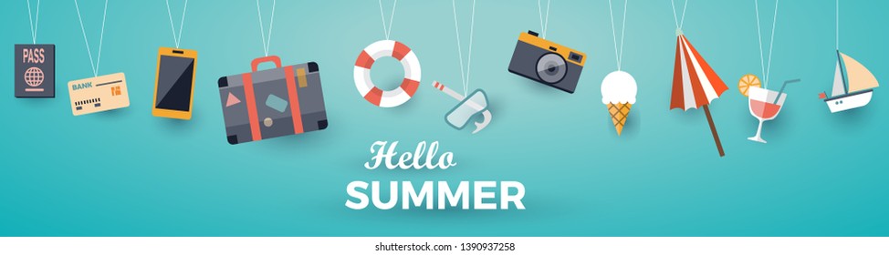 Hello summer with decoration origami hanging on the sky background. Vector illustration with boat, luggage, sailing boat, cocktail, suitcase, passport, camera, smartphone, credit card and umbrella