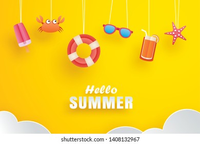 Hello summer with decoration origami hanging on yellow background. Paper art and craft style.