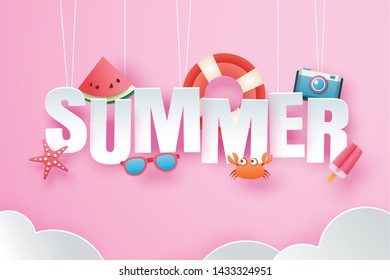 Hello summer with decoration origami hanging on pink sky background. Paper art and craft style. Vector illustration of life ring, ice cream, camera, watermelon, sunglasses.