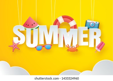 Hello summer with decoration origami hanging on yellow sky background. Paper art and craft style. Vector illustration of life ring, ice cream, camera, watermelon, sunglasses.