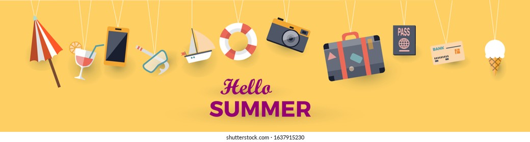 Hello summer with decoration origami hanging on the yellow background. Vector illustration with boat, luggage, sailing boat, cocktail, suitcase, passport, camera, smartphone, credit card and umbrella