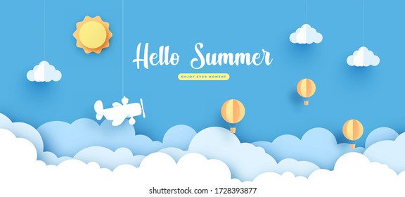 Hello summer with decoration origami hanging on blue sky background. Paper art and craft style. Vector illustration of life ring, ice cream, camera, watermelon, sunglasses.