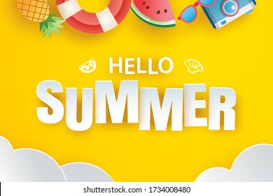 Hello summer with decoration origami hanging on yellow background. Paper art and craft style.