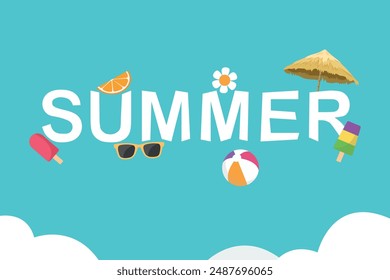 Hello summer with decoration origami hanging on blue sky background. art and craft style. Vector illustration of ice cream, orange, ball, flower, sunglasses.