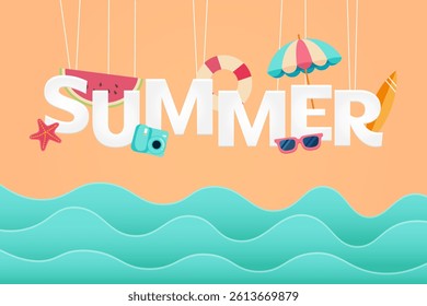 Hello summer with decoration origami hanging in the air on the beach. Paper art and craft style. Vector illustration of life ring, surf board, camera, watermelon, sunglasses