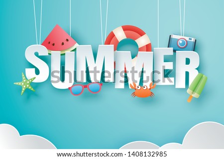 Hello summer with decoration origami hanging on blue sky background. Paper art and craft style. Vector illustration of life ring, ice cream, camera, watermelon, sunglasses.