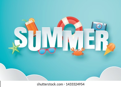 Hello summer with decoration origami on blue sky background. Paper art and craft style. Vector illustration of life ring, ice cream, camera, watermelon, sunglasses.