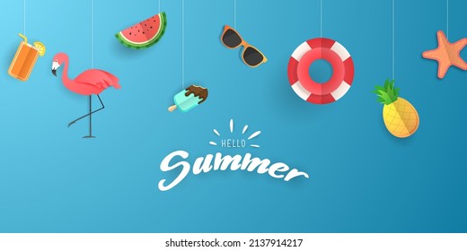 hello summer decoration Vector illustration of a life ring, ice cream, watermelon, sunglasses, flamingo, paper style.