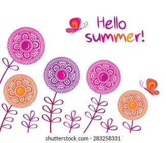 Hello summer. Decorative flowers with butterflies. Greeting card. Congratulation. Elements for your design. Vector.