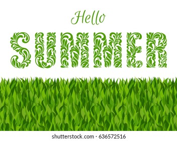 Hello SUMMER. Decorative Font made in swirls and floral elements isolated on a white background with grass 