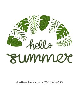 Hello summer. Decorative tropical leaves circle border