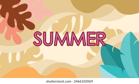 Hello Summer design, abstract illustration with jungle exotic leaves, colorful design, summer background and banner