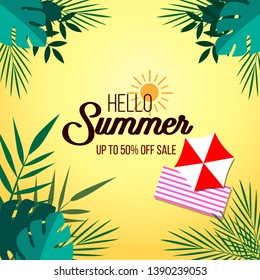 Hello summer design background template. Hello Summer Tropical Design Template with Palm Leaves. Summer sale banner vector design. EPS10