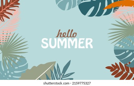 Hello Summer design concept, abstract illustration with forest of exotic leaves, summer background and banner