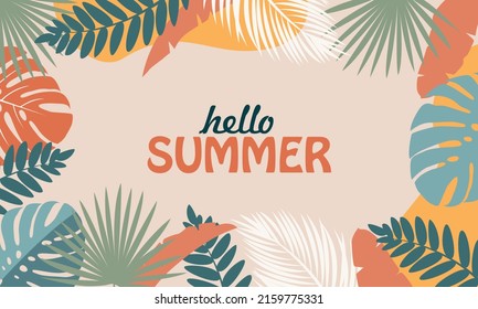 Hello Summer design concept, abstract illustration with forest of exotic leaves, summer background and banner