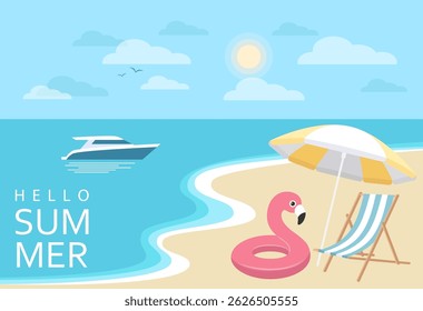 Hello summer design concept with inflatable flamingo and umbrella beach chair on the beach, yacht in the sea. Vector illustration