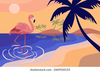
Hello Summer design, with a fun concept, abstract illustration with jungle exotic leaves, flamingo birds, colorful design, white background and summer banner.