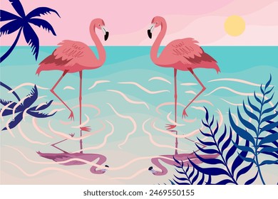 
Hello Summer design, with a fun concept, abstract illustration with jungle exotic leaves, flamingo birds, colorful design, white background and summer banner.
