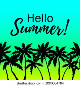 Hello Summer design with palm trees border on gradient ocean background