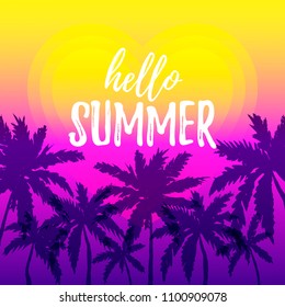 Hello Summer design with palm trees border on gradient ocean background. Place for text